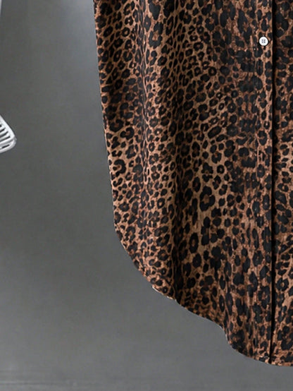 Linhara CURVE Plus Size Women's Leopard Print Single-Breasted Long Loose Fit Shirt Fall