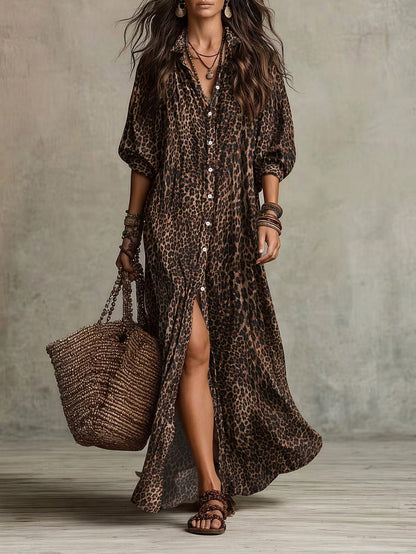 Linhara CURVE Plus Size Women's Leopard Print Single-Breasted Long Loose Fit Shirt Fall