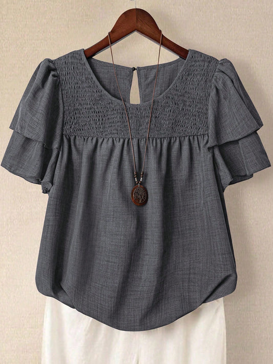 Linhara Plus Size Women's Solid Color Round Neck Double Layer Sleeve Short Sleeve Casual Shirt, Casual Fashion Versatile Pleated Summer Holiday Ladies Blouse