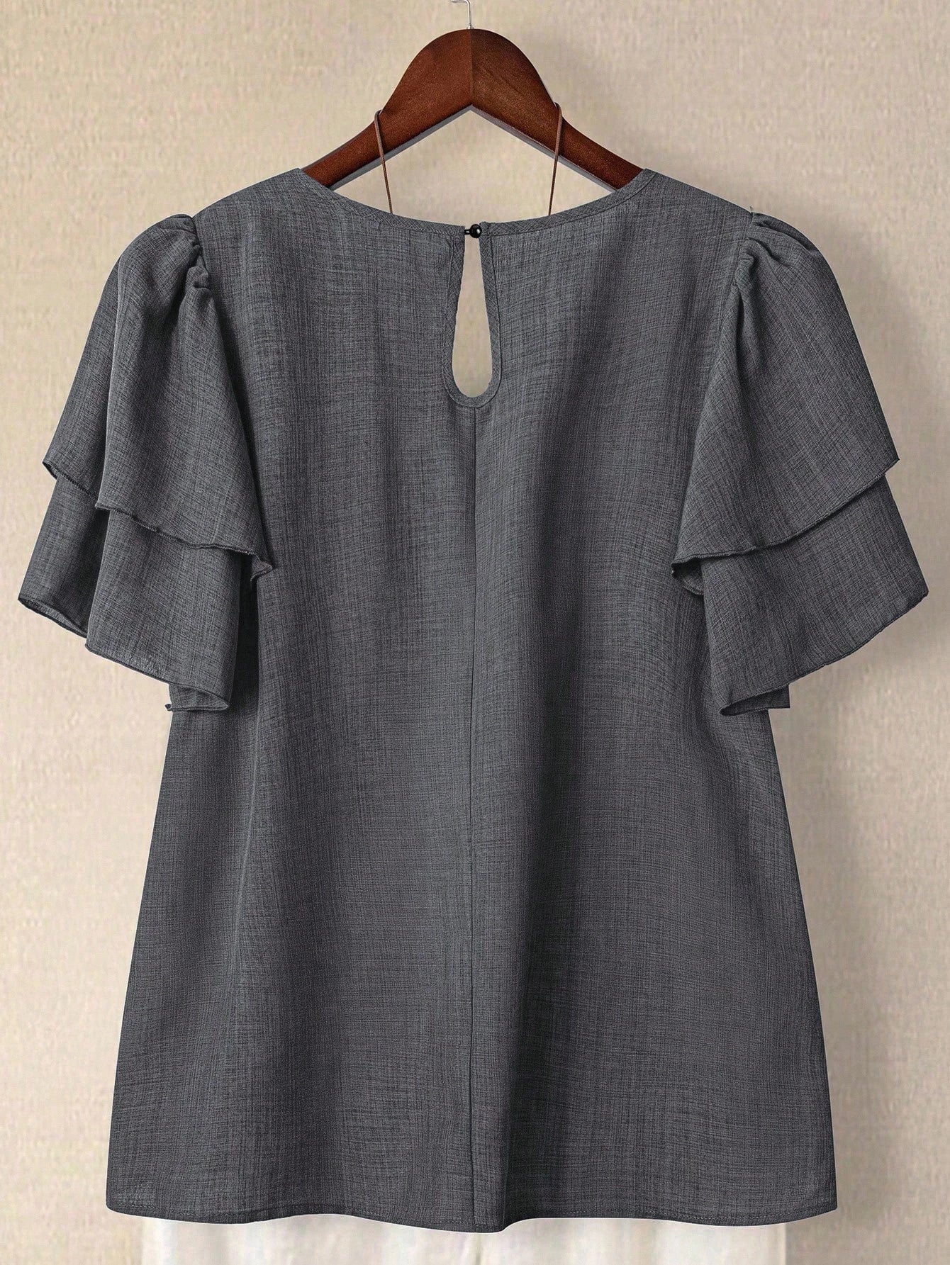Linhara Plus Size Women's Solid Color Round Neck Double Layer Sleeve Short Sleeve Casual Shirt, Casual Fashion Versatile Pleated Summer Holiday Ladies Blouse