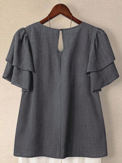 Linhara Plus Size Women's Solid Color Round Neck Double Layer Sleeve Short Sleeve Casual Shirt, Casual Fashion Versatile Pleated Summer Holiday Ladies Blouse