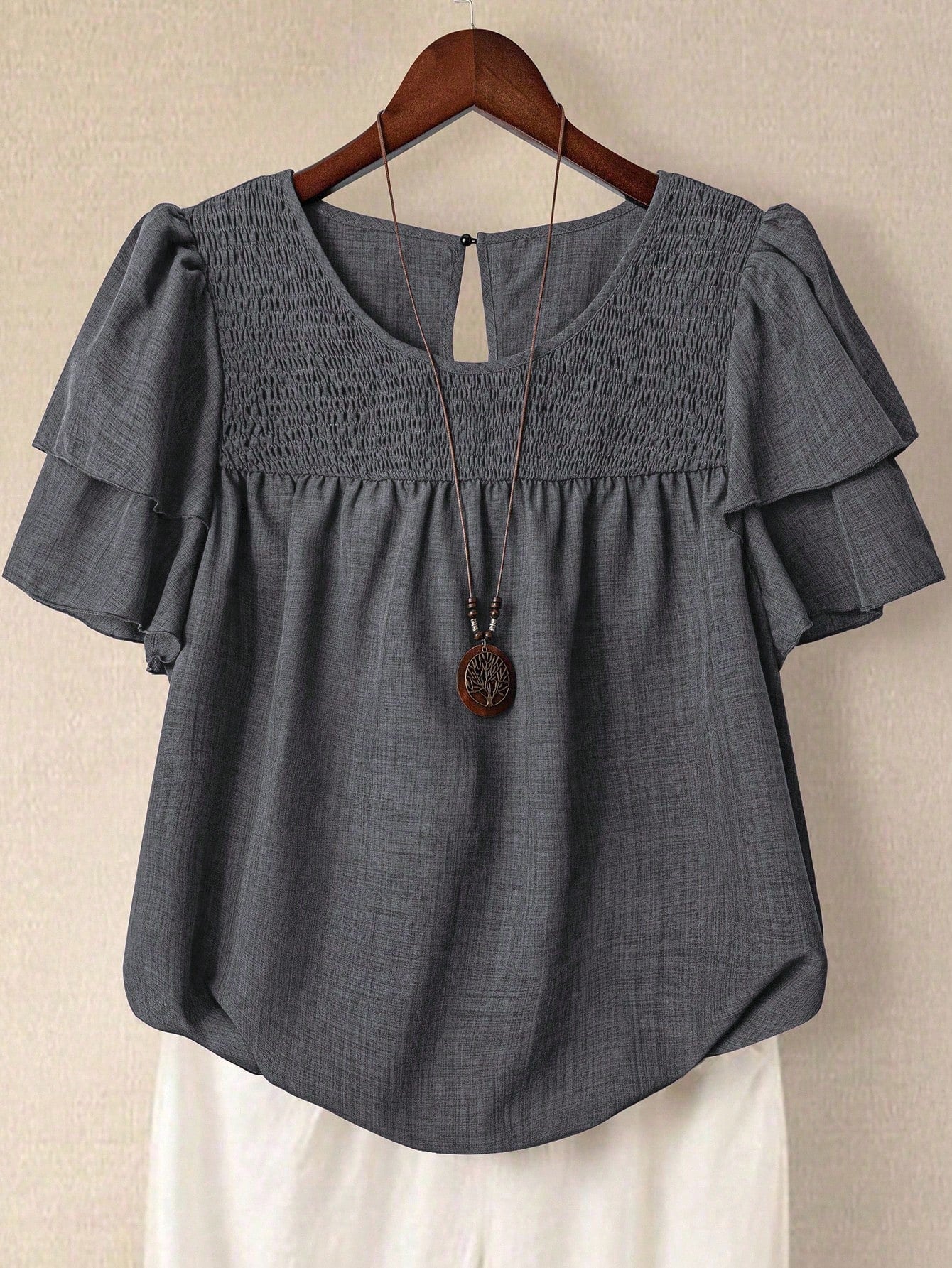 Linhara Plus Size Women's Solid Color Round Neck Double Layer Sleeve Short Sleeve Casual Shirt, Casual Fashion Versatile Pleated Summer Holiday Ladies Blouse
