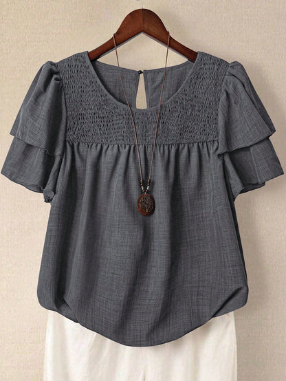Linhara Plus Size Women's Solid Color Round Neck Double Layer Sleeve Short Sleeve Casual Shirt, Casual Fashion Versatile Pleated Summer Holiday Ladies Blouse