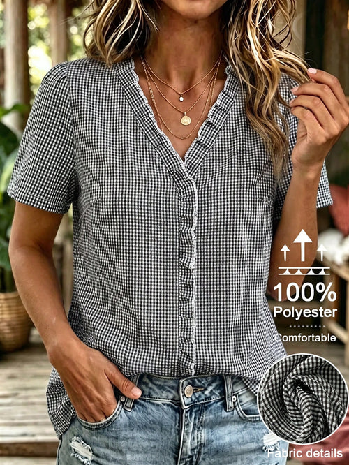 Linhara Plus Size Women's Solid Color Textured V-Neck Short Sleeve Casual Regular Blouse, Suitable For Going Out, Vacation, Club