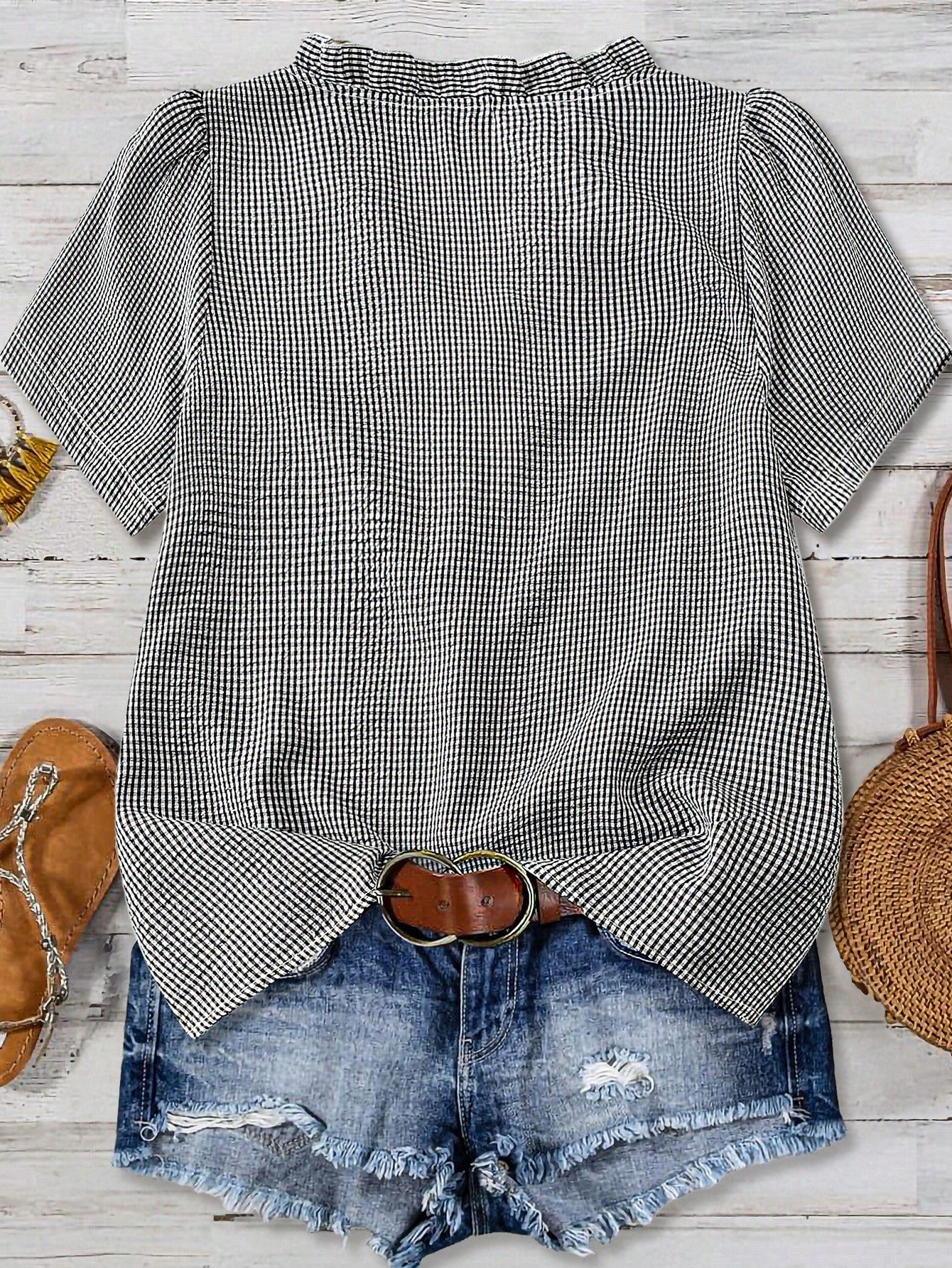 Linhara Plus Size Women's Solid Color Textured V-Neck Short Sleeve Casual Regular Blouse, Suitable For Going Out, Vacation, Club