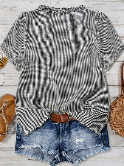 Linhara Plus Size Women's Solid Color Textured V-Neck Short Sleeve Casual Regular Blouse, Suitable For Going Out, Vacation, Club