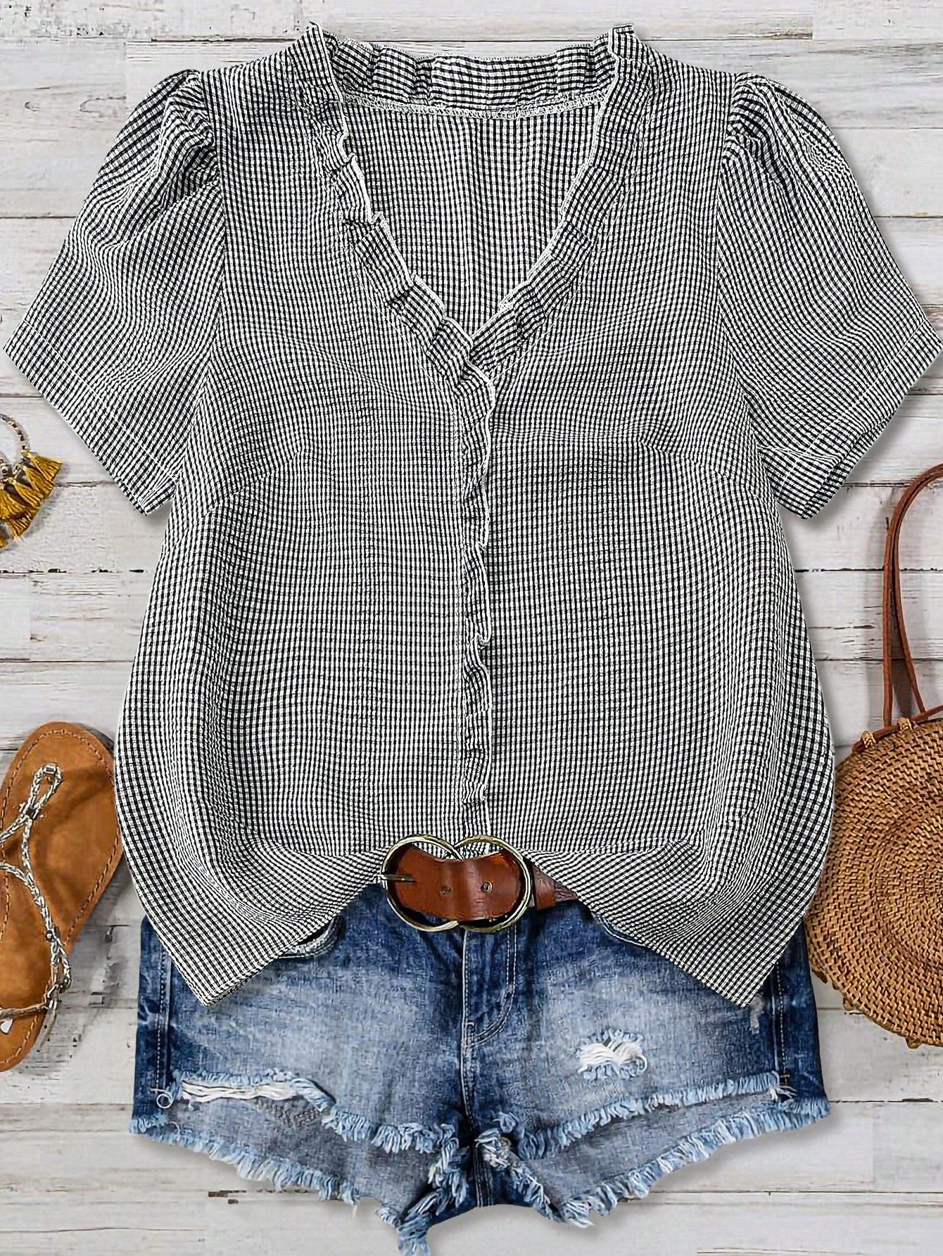 Linhara Plus Size Women's Solid Color Textured V-Neck Short Sleeve Casual Regular Blouse, Suitable For Going Out, Vacation, Club
