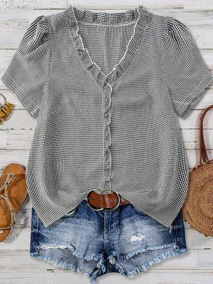 Linhara Plus Size Women's Solid Color Textured V-Neck Short Sleeve Casual Regular Blouse, Suitable For Going Out, Vacation, Club