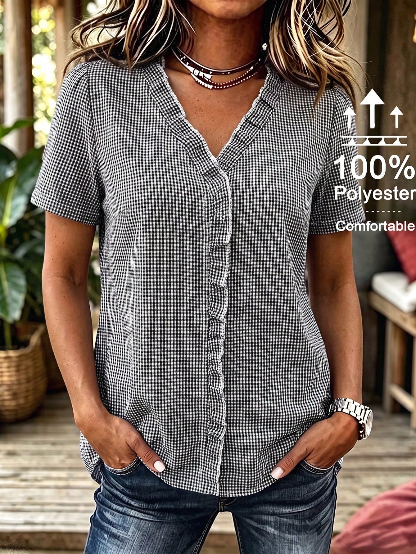 Linhara Plus Size Women's Solid Color Textured V-Neck Short Sleeve Casual Regular Blouse, Suitable For Going Out, Vacation, Club