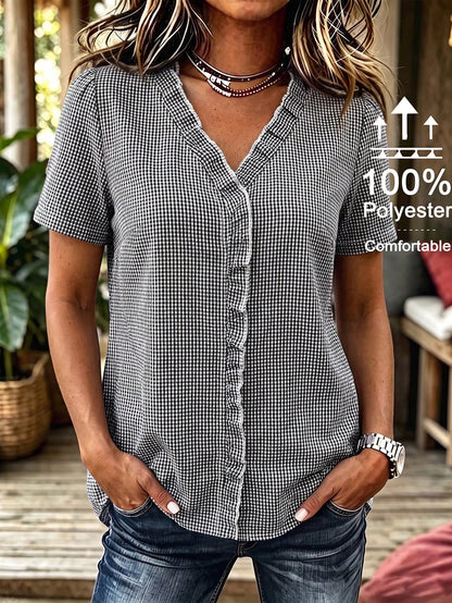 Linhara Plus Size Women's Solid Color Textured V-Neck Short Sleeve Casual Regular Blouse, Suitable For Going Out, Vacation, Club
