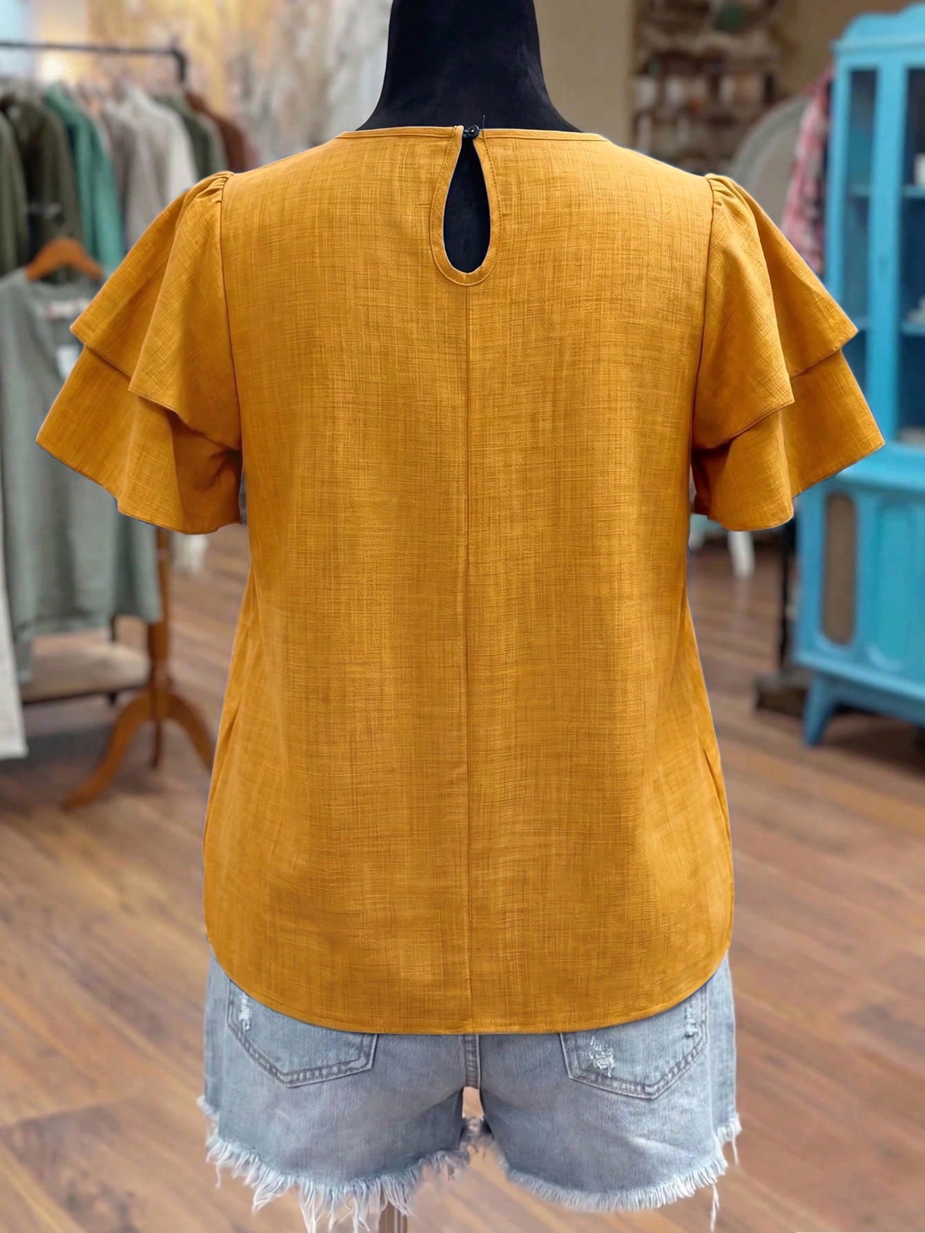 Linhara Plus Size Women's Spring/Summer Solid Color Round Neck Double Layer Sleeve Short Sleeve Casual Shirt, Casual Fashion Versatile Pleated Summer Vacation Women's Shirt