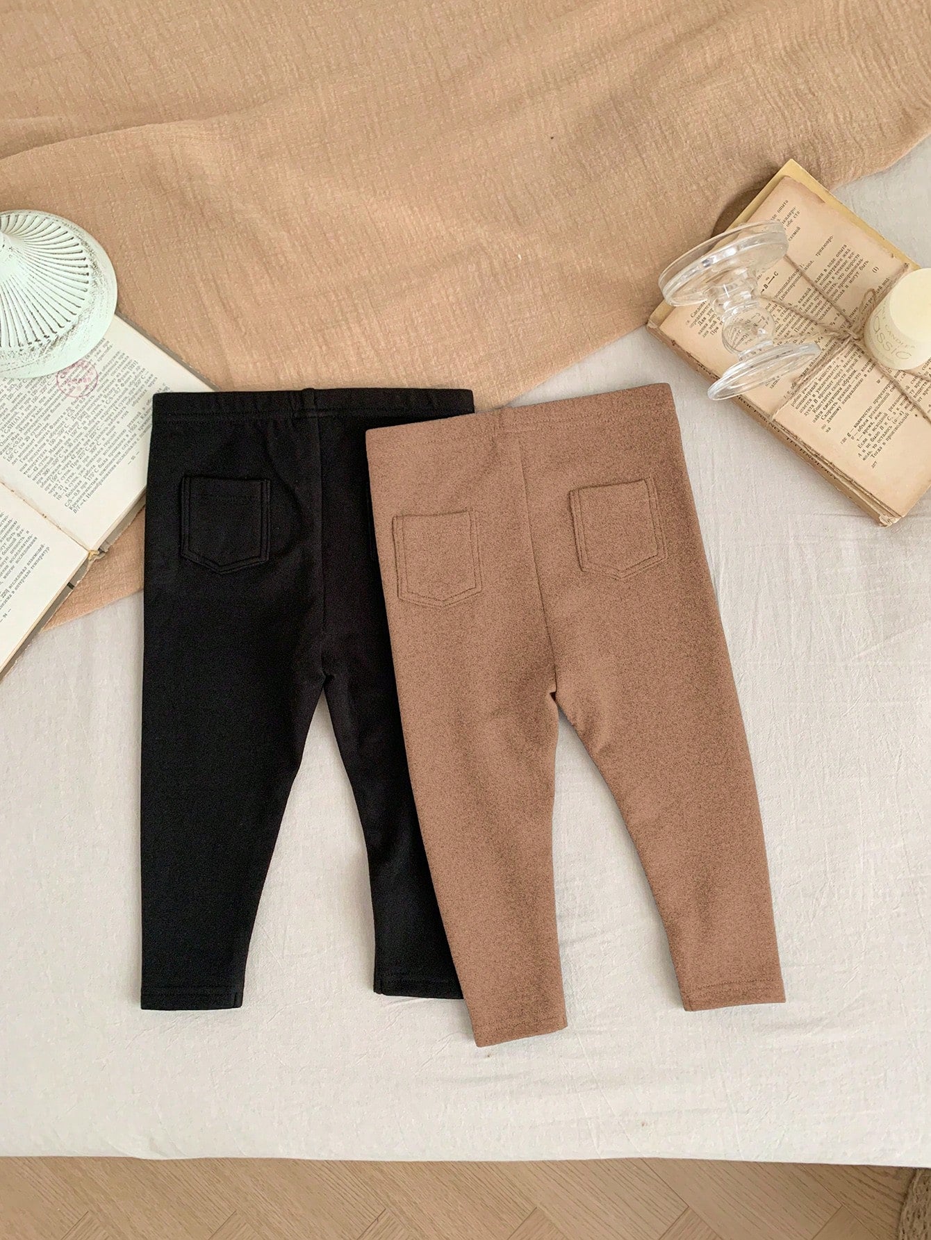 LMoss Kids 2pcs LMoss Unisex Baby Boy/Baby Girl Thermal Thermal Lined Leggings, Black & Khaki, Warm For Outdoor, Party, Sports Etc, Autumn/Winter