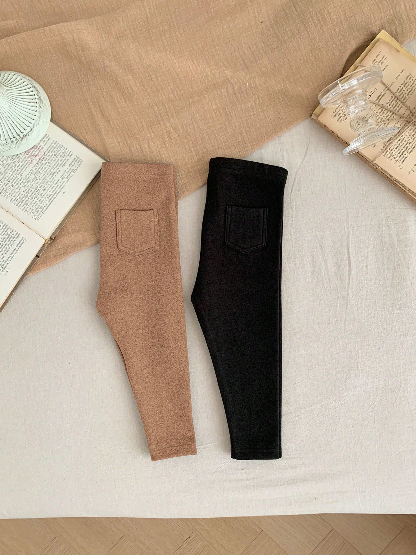 LMoss Kids 2pcs LMoss Unisex Baby Boy/Baby Girl Thermal Thermal Lined Leggings, Black & Khaki, Warm For Outdoor, Party, Sports Etc, Autumn/Winter