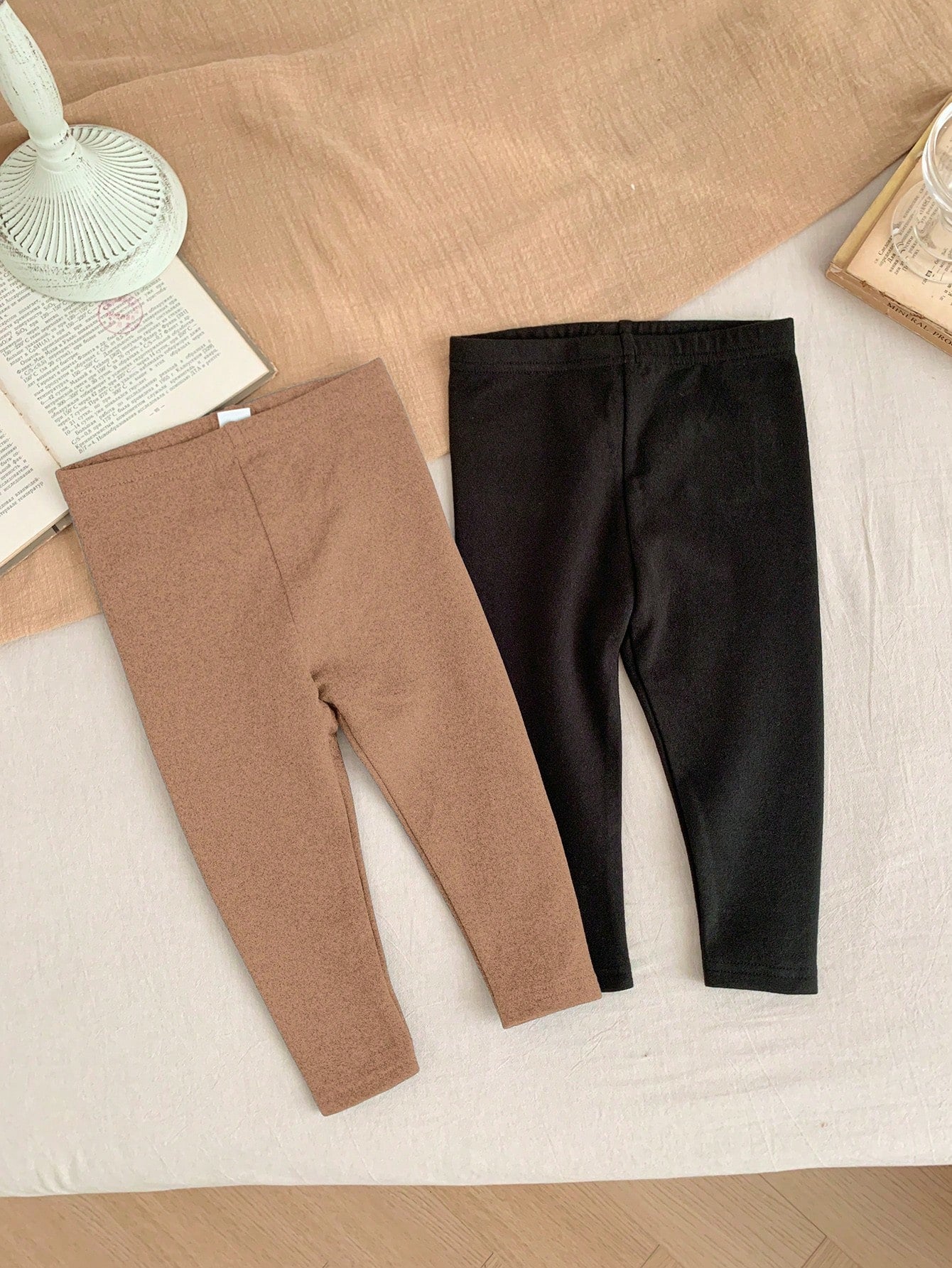 LMoss Kids 2pcs LMoss Unisex Baby Boy/Baby Girl Thermal Thermal Lined Leggings, Black & Khaki, Warm For Outdoor, Party, Sports Etc, Autumn/Winter