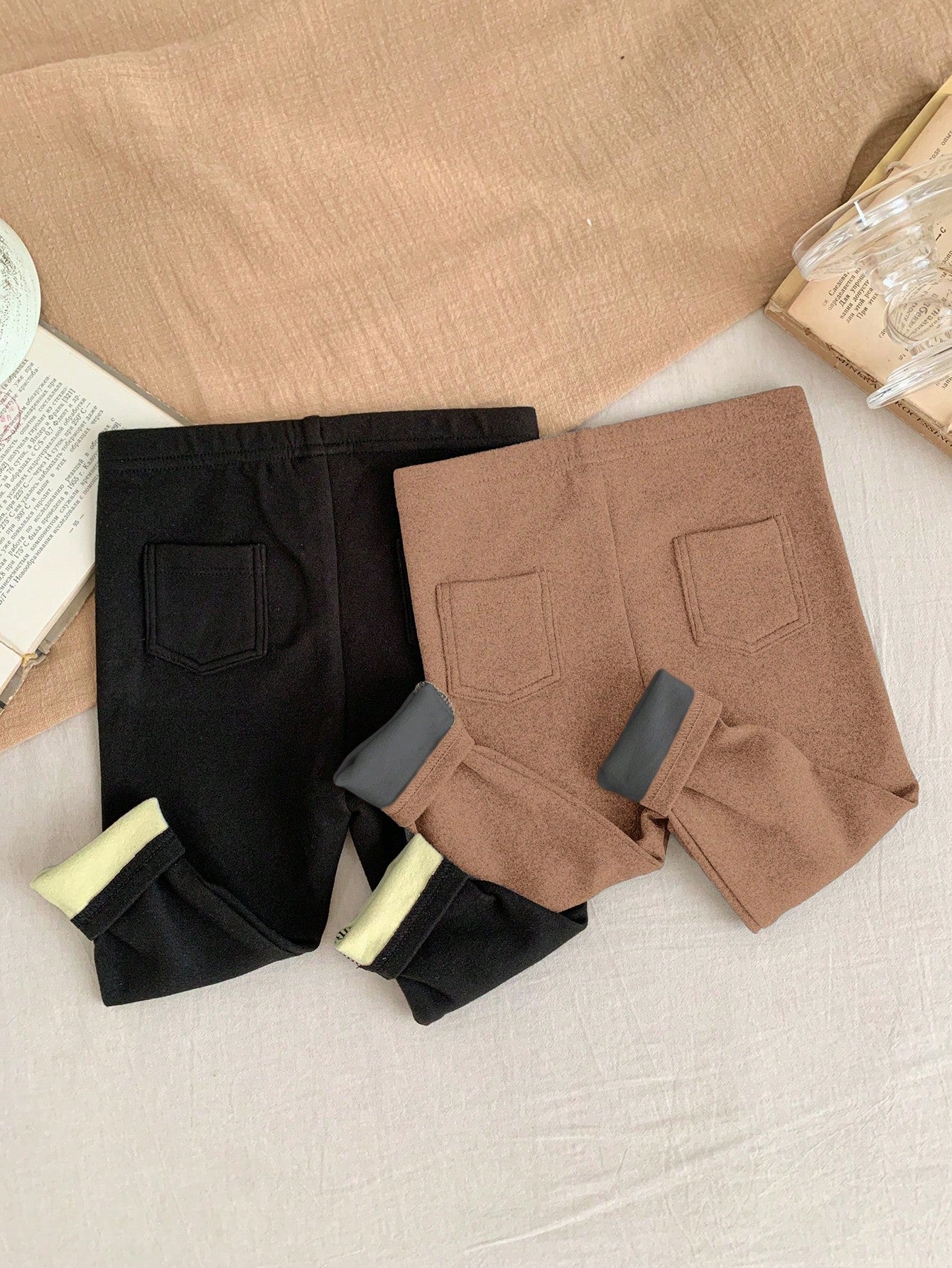 LMoss Kids 2pcs LMoss Unisex Baby Boy/Baby Girl Thermal Thermal Lined Leggings, Black & Khaki, Warm For Outdoor, Party, Sports Etc, Autumn/Winter