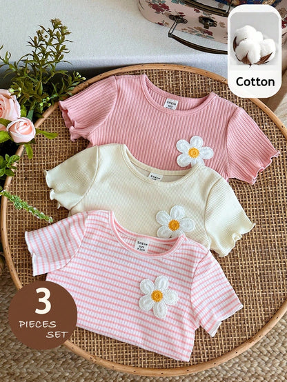 LMoss Kids 3pcs Baby Girl Knit Casual Crew Neck T-Shirts, Adorable Floral & Striped Knit,There Were Only Three Tops, No Pants.
