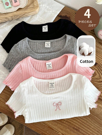LMoss Kids 3pcs Baby Girl Knit Casual Crew Neck T-Shirts, Adorable Floral & Striped Knit,There Were Only Three Tops, No Pants.
