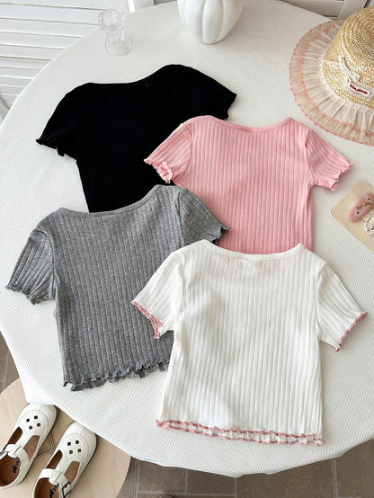LMoss Kids 3pcs Baby Girl Knit Casual Crew Neck T-Shirts, Adorable Floral & Striped Knit,There Were Only Three Tops, No Pants.