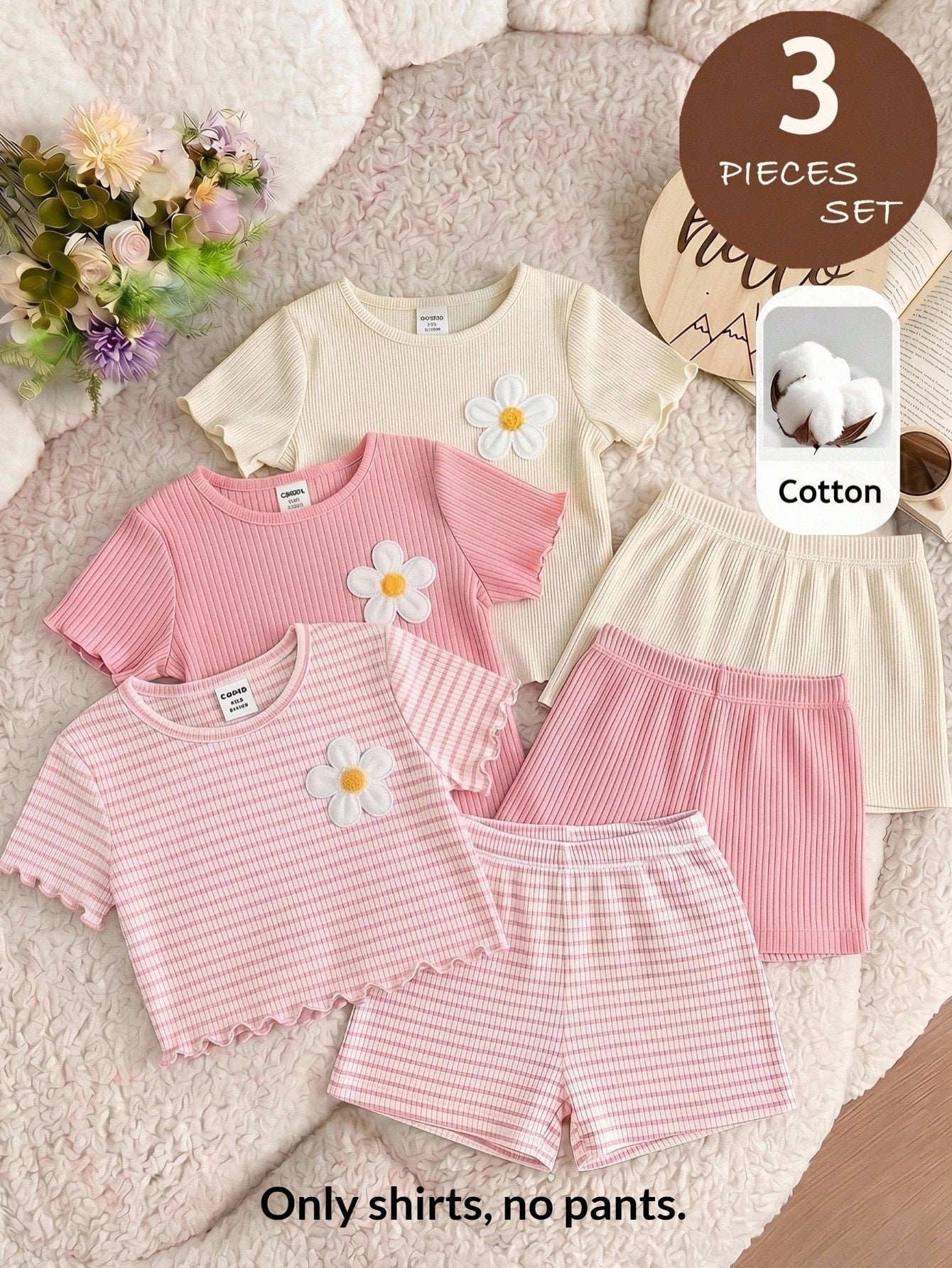 LMoss Kids 3pcs Baby Girl Knit Casual Crew Neck T-Shirts, Adorable Floral & Striped Knit,There Were Only Three Tops, No Pants.