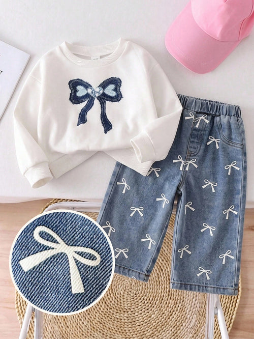 LMoss Kids Baby Girl Bowknot Pattern Print Crew Neck Winter Sweatshirt And Denim Jeans Set Back-To-School White Blue Autumn Cute Baggy Jeans Denim Two Pieces Set