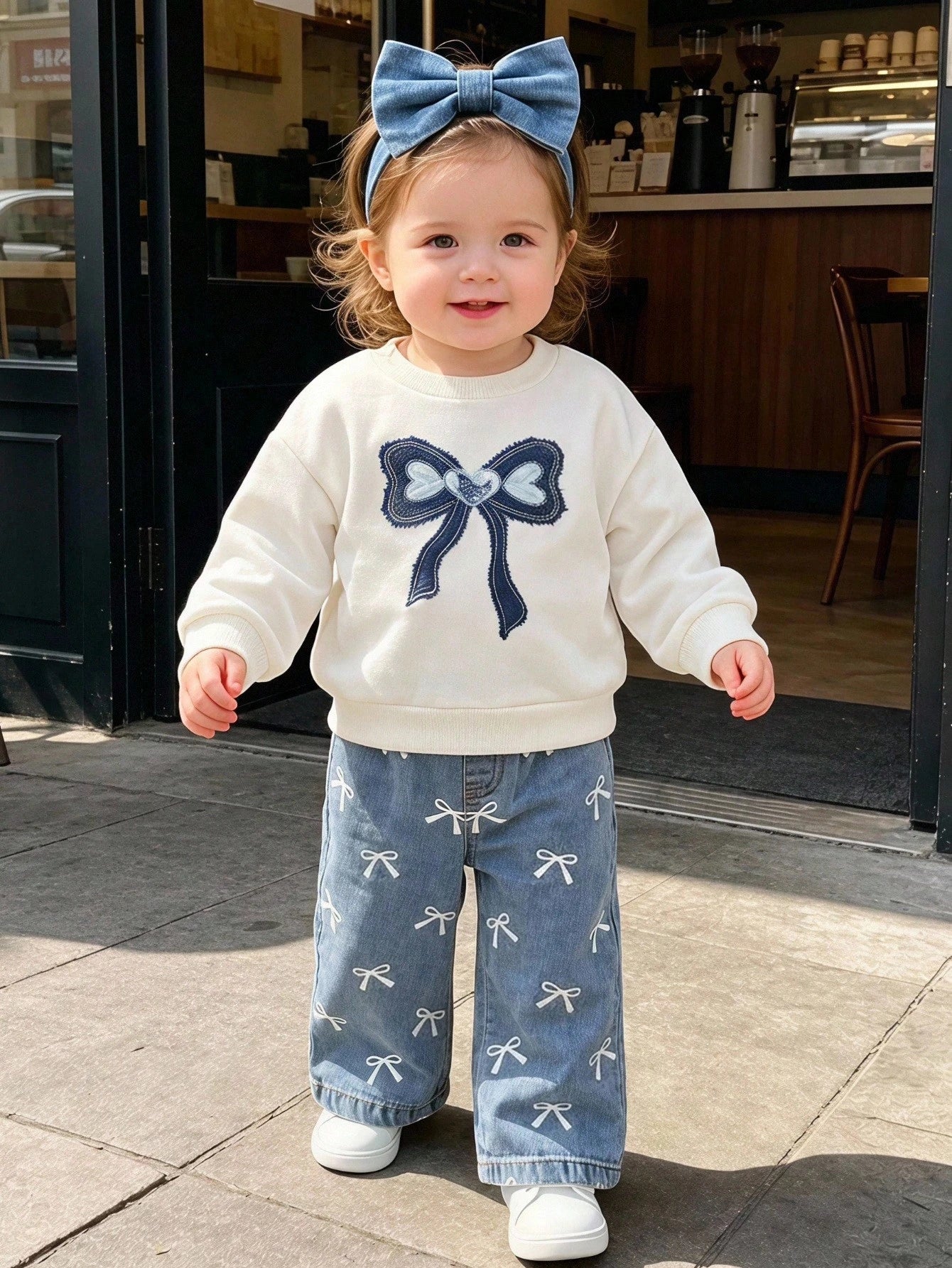 LMoss Kids Baby Girl Bowknot Pattern Print Crew Neck Winter Sweatshirt And Denim Jeans Set Back-To-School White Blue Autumn Cute Baggy Jeans Denim Two Pieces Set
