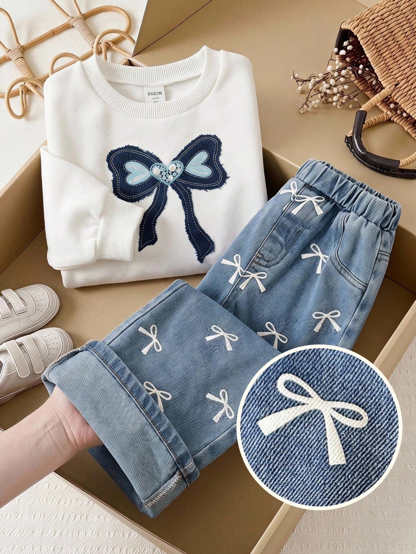 LMoss Kids Baby Girl Bowknot Pattern Print Crew Neck Winter Sweatshirt And Denim Jeans Set Back-To-School White Blue Autumn Cute Baggy Jeans Denim Two Pieces Set