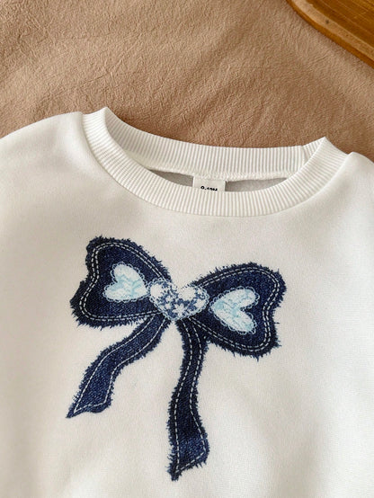 LMoss Kids Baby Girl Bowknot Pattern Print Crew Neck Winter Sweatshirt And Denim Jeans Set Back-To-School White Blue Autumn Cute Baggy Jeans Denim Two Pieces Set