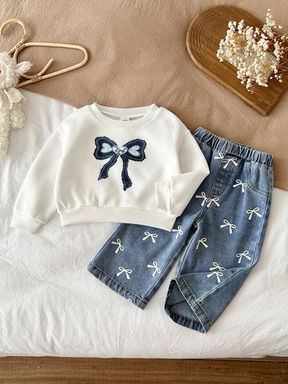 LMoss Kids Baby Girl Bowknot Pattern Print Crew Neck Winter Sweatshirt And Denim Jeans Set Back-To-School White Blue Autumn Cute Baggy Jeans Denim Two Pieces Set
