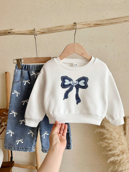 LMoss Kids Baby Girl Bowknot Pattern Print Crew Neck Winter Sweatshirt And Denim Jeans Set Back-To-School White Blue Autumn Cute Baggy Jeans Denim Two Pieces Set