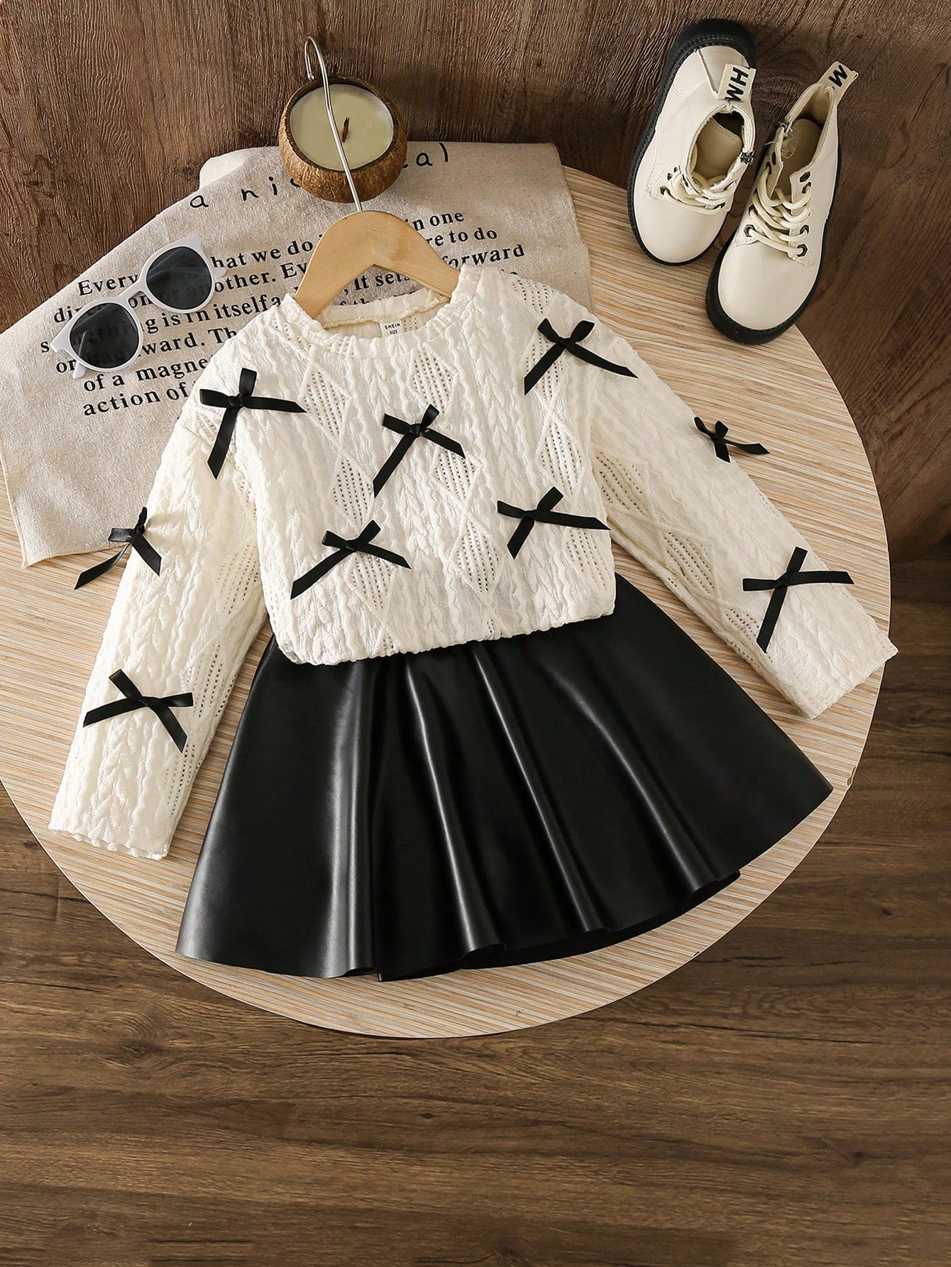 LMoss Kids LMoss 2pcs/Set Baby Girl Black And White Outfit,Knitted Crew Neck Bow Top&PU Leather Skirt,Autumn Cute Family Matching Clothes,Fall Winter School Set