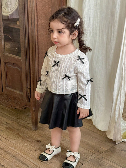 LMoss Kids LMoss 2pcs/Set Baby Girl Black And White Outfit,Knitted Crew Neck Bow Top&PU Leather Skirt,Autumn Cute Family Matching Clothes,Fall Winter School Set