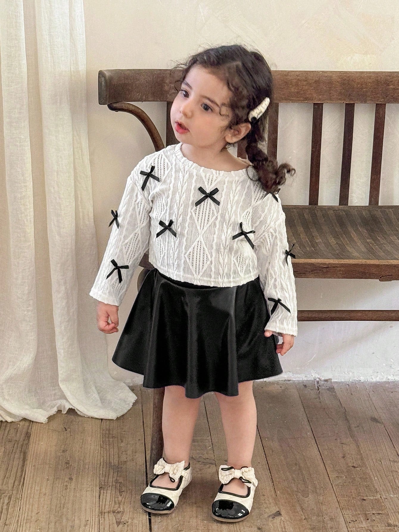 LMoss Kids LMoss 2pcs/Set Baby Girl Black And White Outfit,Knitted Crew Neck Bow Top&PU Leather Skirt,Autumn Cute Family Matching Clothes,Fall Winter School Set