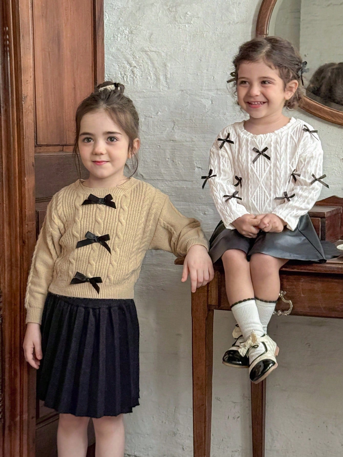 LMoss Kids LMoss 2pcs/Set Baby Girl Black And White Outfit,Knitted Crew Neck Bow Top&PU Leather Skirt,Autumn Cute Family Matching Clothes,Fall Winter School Set