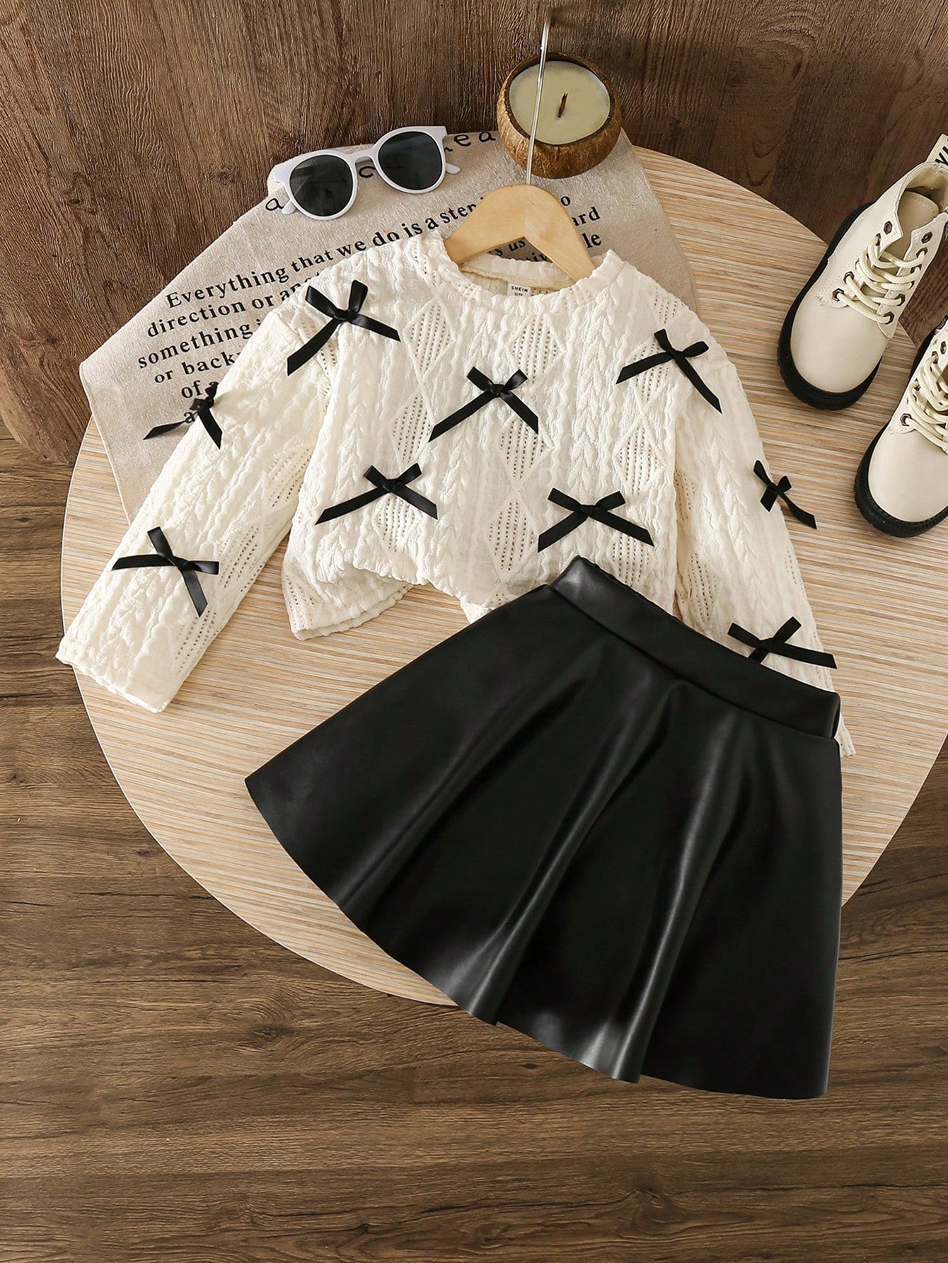 LMoss Kids LMoss 2pcs/Set Baby Girl Black And White Outfit,Knitted Crew Neck Bow Top&PU Leather Skirt,Autumn Cute Family Matching Clothes,Fall Winter School Set