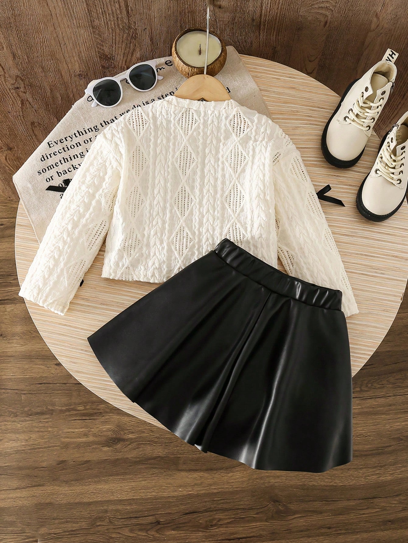 LMoss Kids LMoss 2pcs/Set Baby Girl Black And White Outfit,Knitted Crew Neck Bow Top&PU Leather Skirt,Autumn Cute Family Matching Clothes,Fall Winter School Set