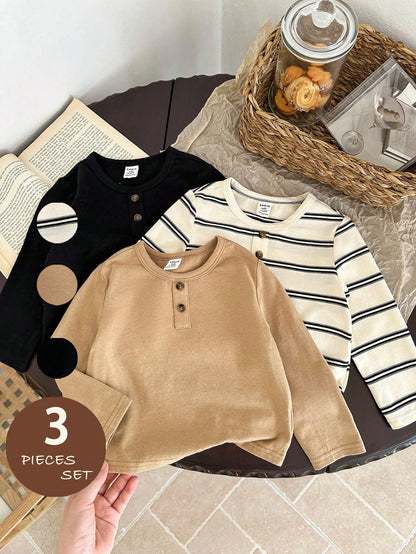 LMoss Kids LMoss 3pcs Baby Boy Knitted Solid Striped Crew Neck Top Set,Herbst Outfit,Long Sleeve Shirts,Long Sleeve Tops,T-Shirt Fall Winter