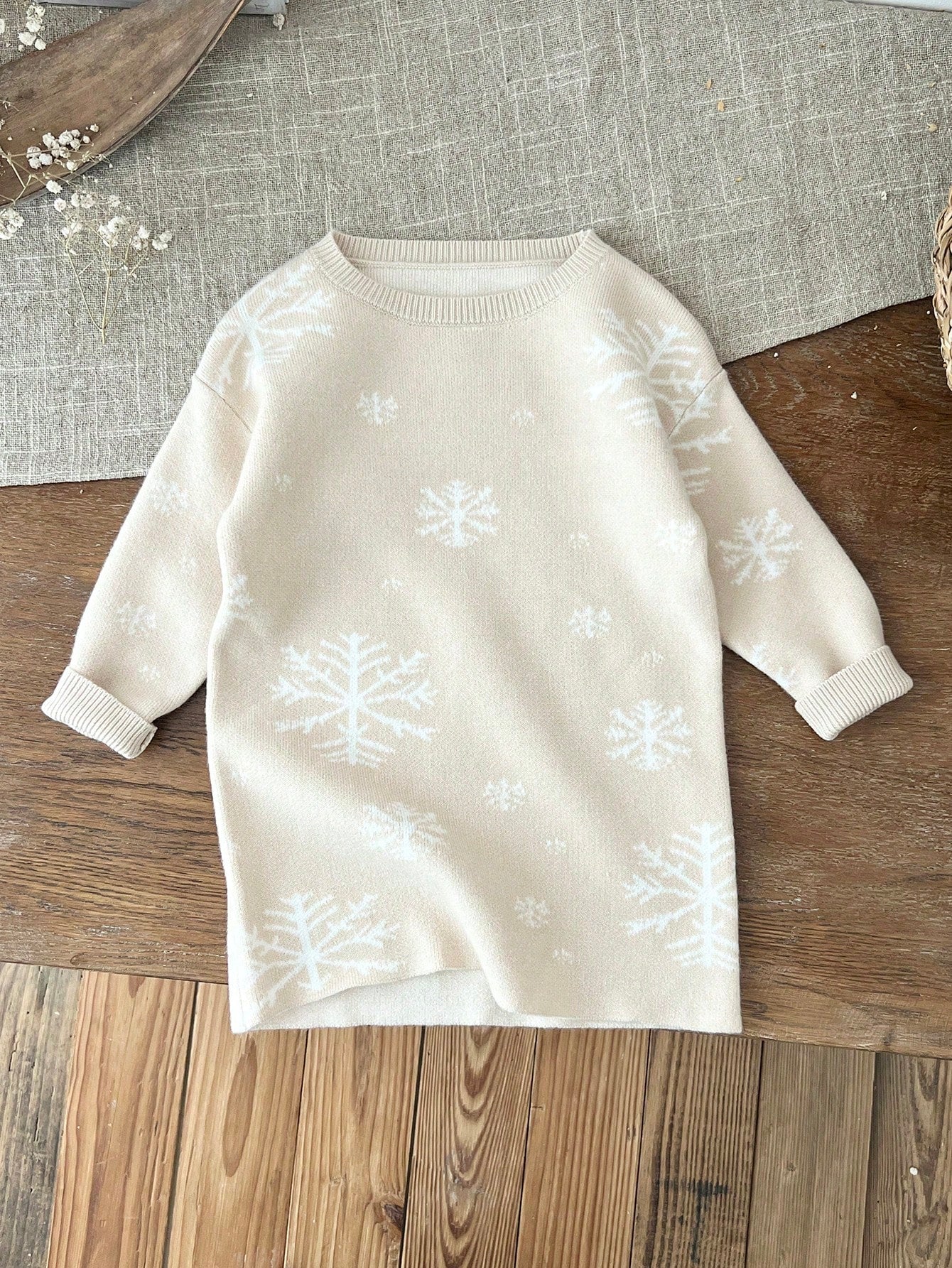 LMoss Kids LMoss Baby Girl Apricot Color Snowflake Pattern Long Sleeve Sweater Dress, Autumn/Winter