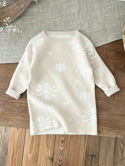 LMoss Kids LMoss Baby Girl Apricot Color Snowflake Pattern Long Sleeve Sweater Dress, Autumn/Winter