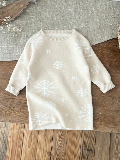 LMoss Kids LMoss Baby Girl Apricot Color Snowflake Pattern Long Sleeve Sweater Dress, Autumn/Winter