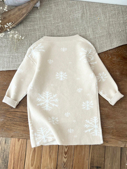 LMoss Kids LMoss Baby Girl Apricot Color Snowflake Pattern Long Sleeve Sweater Dress, Autumn/Winter
