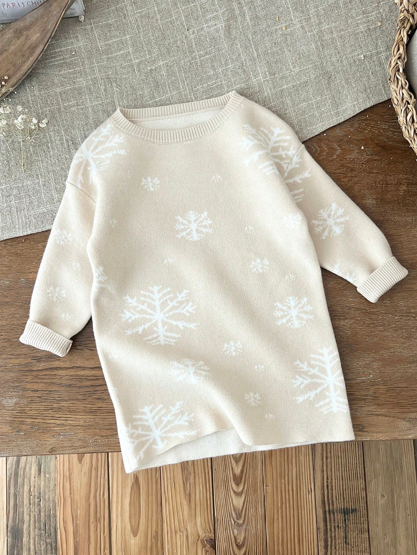 LMoss Kids LMoss Baby Girl Apricot Color Snowflake Pattern Long Sleeve Sweater Dress, Autumn/Winter