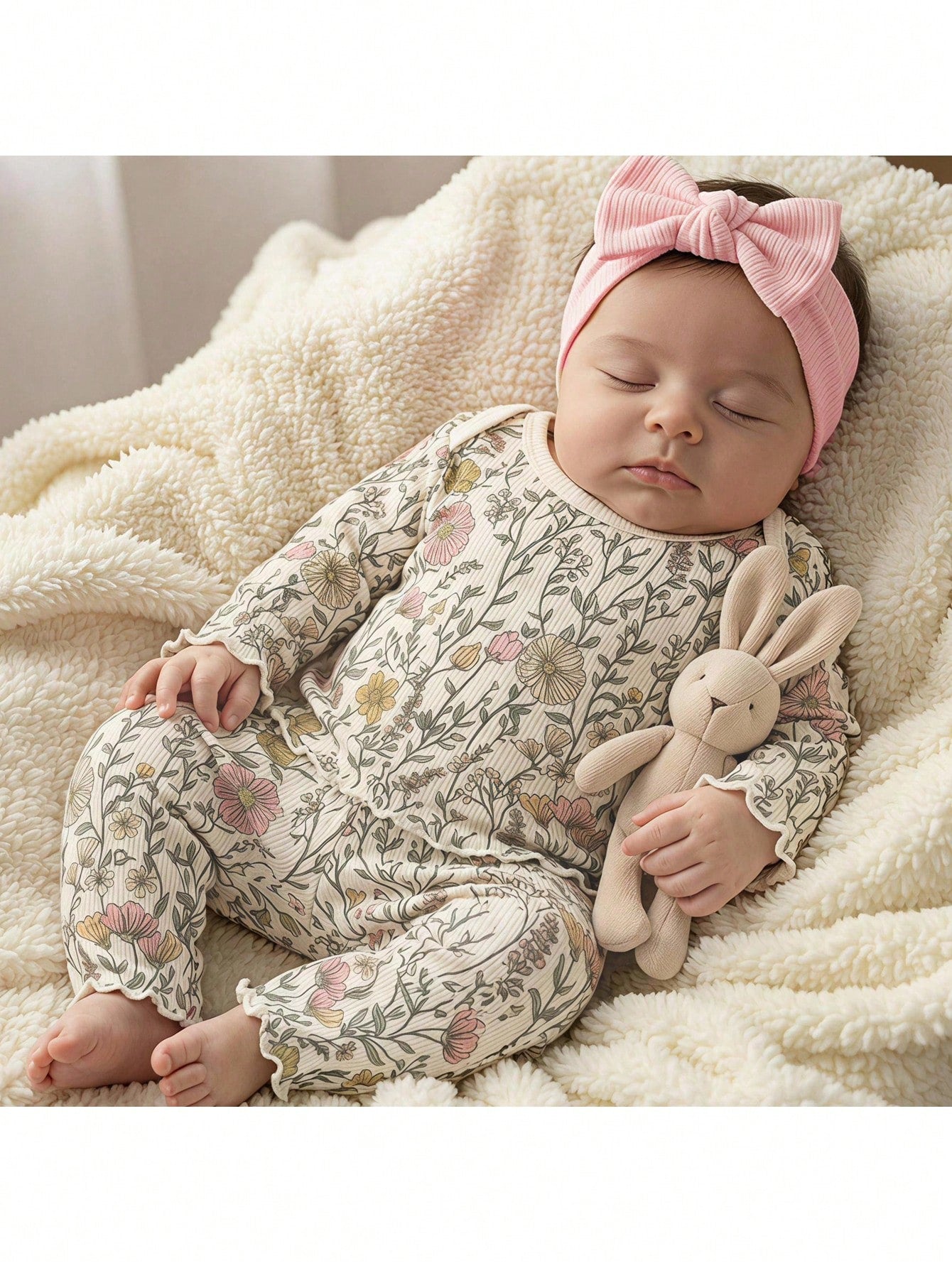 Loomiva Newborn Baby Girl Floral Pattern Knit Soft Round Neck Long Sleeve Overlap Shoulder Pullover Top Elastic Waist Long Pants 2pcs Set