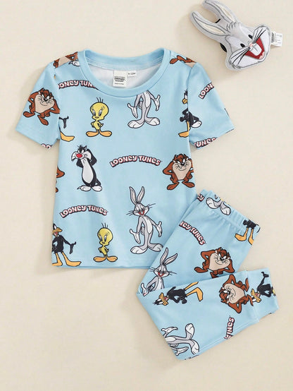 LOONEY TUNES X Baby Boy Cartoon Print Round Neck Short Sleeve Top And Long Pants Set