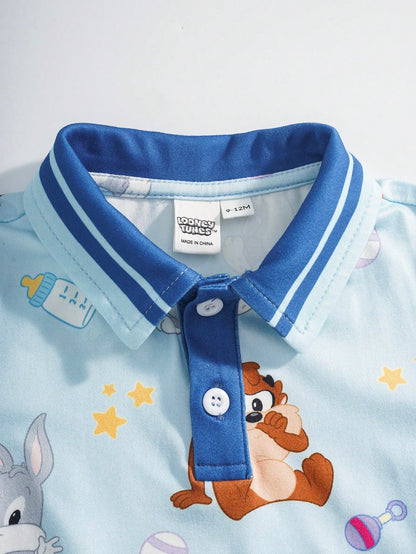 LOONEY TUNES X Baby Boy Cartoon Print Short Sleeve Top And Shorts Casual Daily Home Sleepwear Set