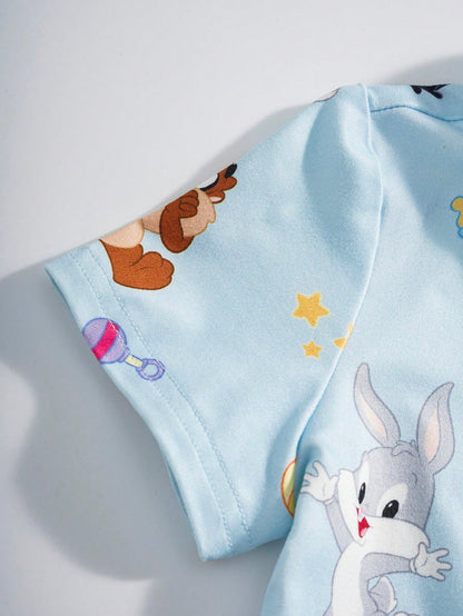 LOONEY TUNES X Baby Boy Cartoon Print Short Sleeve Top And Shorts Casual Daily Home Sleepwear Set