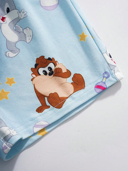 LOONEY TUNES X Baby Boy Cartoon Print Short Sleeve Top And Shorts Casual Daily Home Sleepwear Set