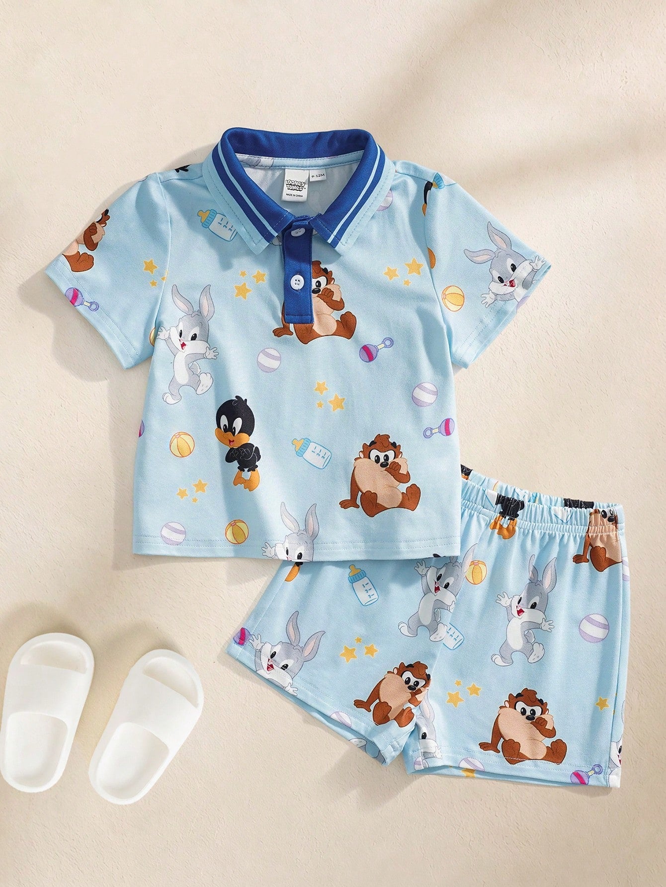 LOONEY TUNES X Baby Boy Cartoon Print Short Sleeve Top And Shorts Casual Daily Home Sleepwear Set