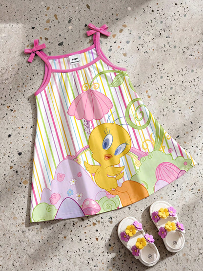 LOONEY TUNES X GraphicGems Baby Girl Colorful Striped Bowknot Sleeveless A-Line Dress