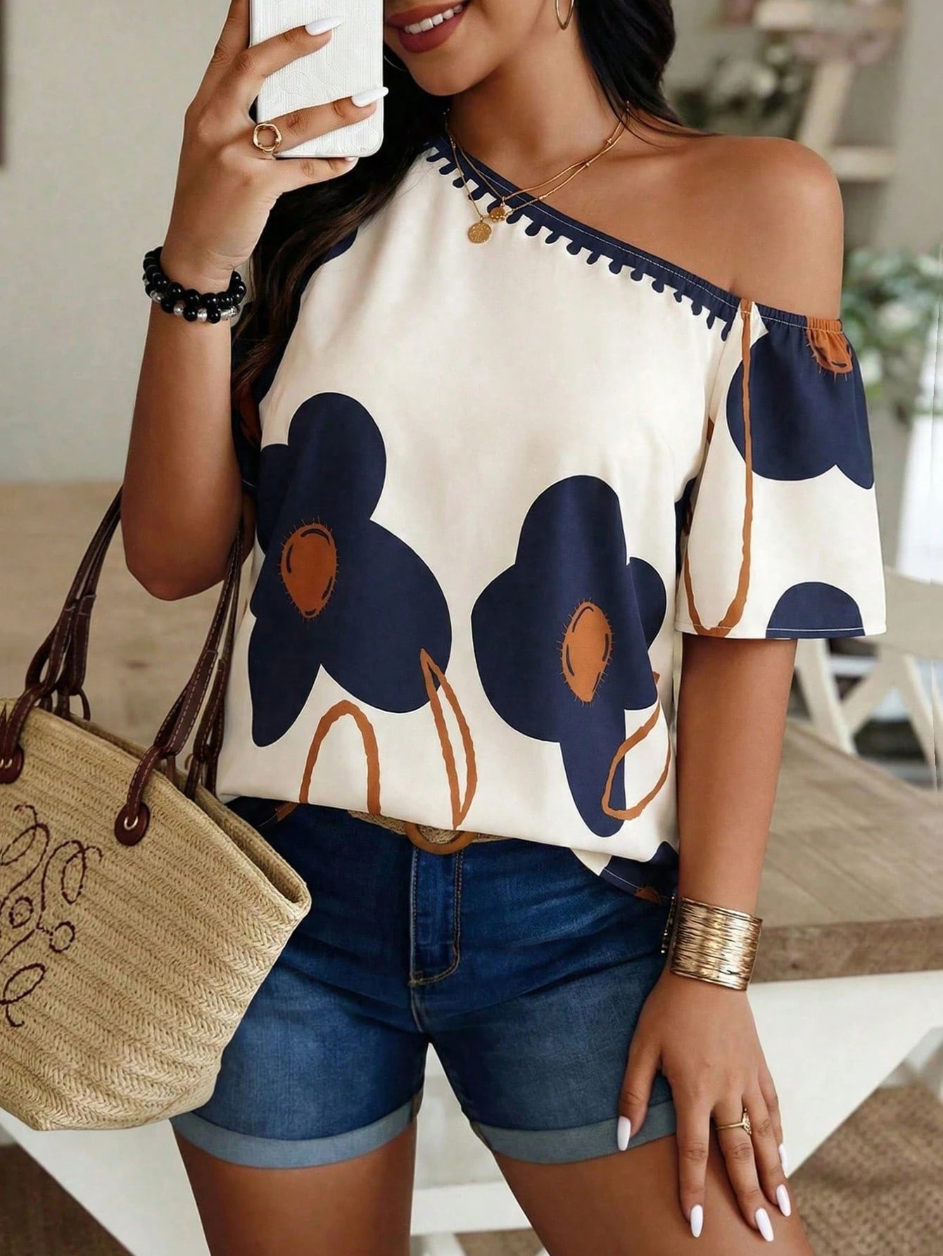 Louniche Off-Shoulder Floral Print Top, Beige & Navy Color Block Casual Blouse For Daily & Vacation