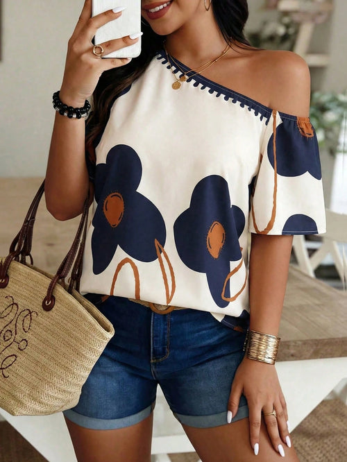 Louniche Off-Shoulder Floral Print Top, Beige & Navy Color Block Casual Blouse For Daily & Vacation